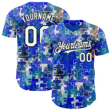 Laden Sie das Bild in den Galerie-Viewer, Custom Electric Blue White-Black Puzzle 3D Pattern Design Authentic Baseball Jersey
