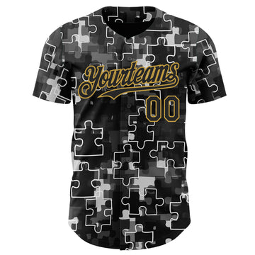 Custom Black-Old Gold Puzzle 3D Pattern Design Authentic Baseball Jersey