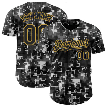 Custom Black-Old Gold Puzzle 3D Pattern Design Authentic Baseball Jersey