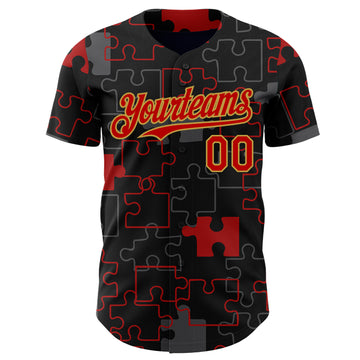 Custom Black Red-Old Gold Puzzle 3D Pattern Design Authentic Baseball Jersey