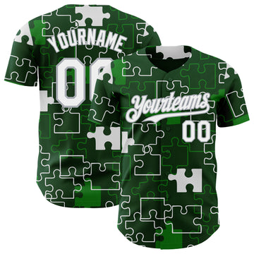 Custom Green White-Gray Puzzle 3D Pattern Design Authentic Baseball Jersey