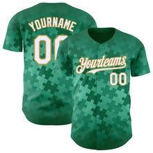 Laden Sie das Bild in den Galerie-Viewer, Custom Kelly Green White-Old Gold Puzzle 3D Pattern Design Authentic Baseball Jersey
