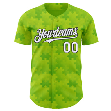 Custom Neon Green White-Black Puzzle 3D Pattern Design Authentic Baseball Jersey