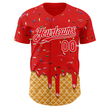 Custom Fire Red-White Ice Cream Waffle Foodie Dessert Authentic Baseball Jersey