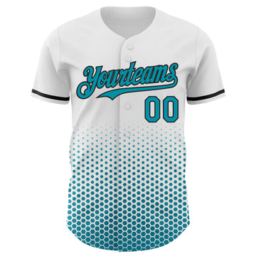 Custom White Teal-Black Geometric Hexagonal Dot Gradient Authentic Baseball Jersey