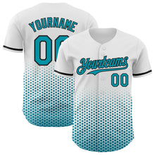 Charger l'image dans la galerie, Custom White Teal-Black Geometric Hexagonal Dot Gradient Authentic Baseball Jersey
