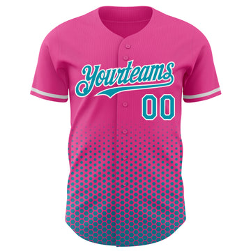 Custom Pink Teal-White Geometric Hexagonal Dot Gradient Authentic Baseball Jersey