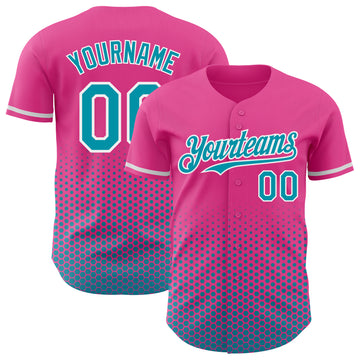 Custom Pink Teal-White Geometric Hexagonal Dot Gradient Authentic Baseball Jersey
