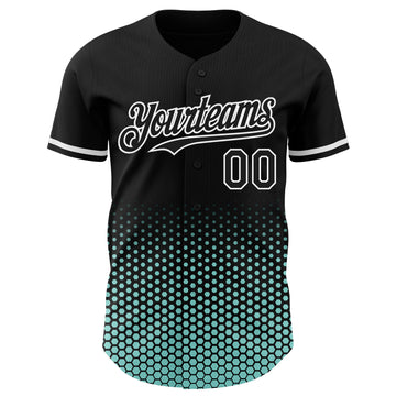 Custom Black Ice Blue-White Geometric Hexagonal Dot Gradient Authentic Baseball Jersey