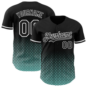 Custom Black Ice Blue-White Geometric Hexagonal Dot Gradient Authentic Baseball Jersey
