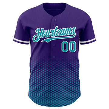 Custom Purple Teal-White Geometric Hexagonal Dot Gradient Authentic Baseball Jersey