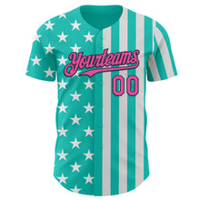 Laden Sie das Bild in den Galerie-Viewer, Custom Aqua Pink White-Navy USA Flag Patriotic Split Stars and Stripes Authentic Baseball Jersey
