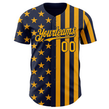 Load image into Gallery viewer, Custom Navy-Gold USA Flag Patriotic Split Stars and Stripes Authentic Baseball Jersey
