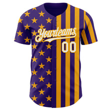 Load image into Gallery viewer, Custom Purple White-Gold USA Flag Patriotic Split Stars and Stripes Authentic Baseball Jersey
