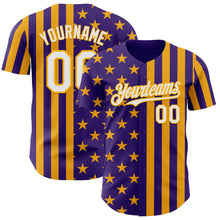 Load image into Gallery viewer, Custom Purple White-Gold USA Flag Patriotic Split Stars and Stripes Authentic Baseball Jersey
