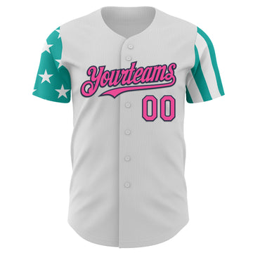 Custom White Pink Aqua-Navy Two Tone USA Flag Sleeves Stars and Stripes Authentic Baseball Jersey