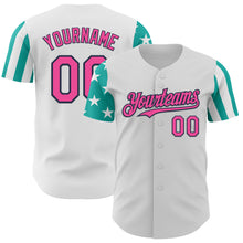 Laden Sie das Bild in den Galerie-Viewer, Custom White Pink Aqua-Navy Two Tone USA Flag Sleeves Stars and Stripes Authentic Baseball Jersey
