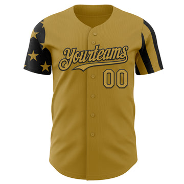 Custom Old Gold-Black Two Tone USA Flag Sleeves Stars and Stripes Authentic Baseball Jersey