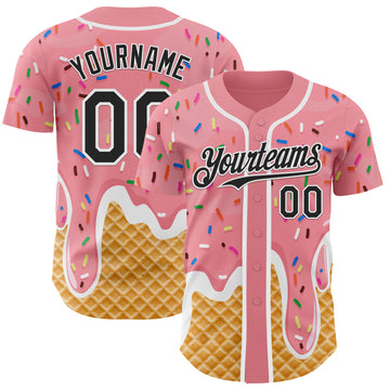 Custom Medium Pink Black-White Ice Cream Waffle Foodie Dessert Authentic Baseball Jersey