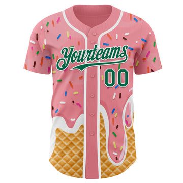 Custom Medium Pink Kelly Green-White Ice Cream Waffle Foodie Dessert Authentic Baseball Jersey