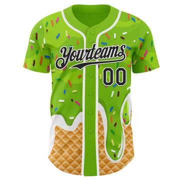 Custom Neon Green Black-White Ice Cream Waffle Foodie Dessert Authentic Baseball Jersey