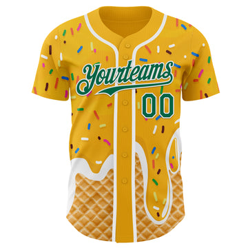 Custom Gold Kelly Green-White Ice Cream Waffle Foodie Dessert Authentic Baseball Jersey
