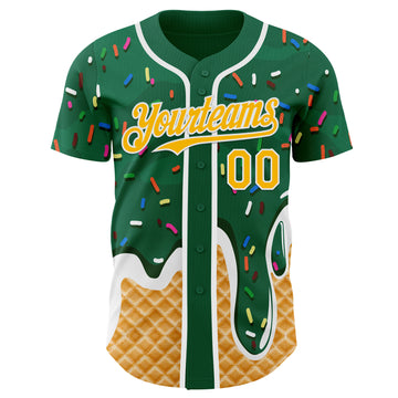 Custom Kelly Green Gold-White Ice Cream Waffle Foodie Dessert Authentic Baseball Jersey