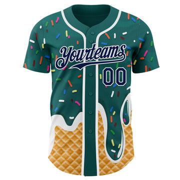 Custom Teal Navy-White Ice Cream Waffle Foodie Dessert Authentic Baseball Jersey