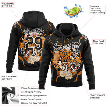 Custom Stitched Black Orange-White 3D Pattern Design Flame Tiger Sports Pullover Sweatshirt Hoodie