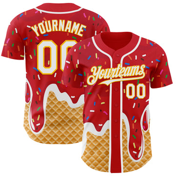 Custom Red White-Gold Ice Cream Waffle Foodie Dessert Authentic Baseball Jersey