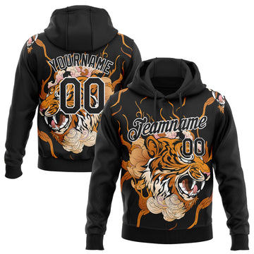 Custom Stitched Black Orange-White 3D Pattern Design Flame Tiger Sports Pullover Sweatshirt Hoodie