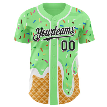 Custom Pea Green Black-White Ice Cream Waffle Foodie Dessert Authentic Baseball Jersey