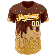 Laden Sie das Bild in den Galerie-Viewer, Custom Brown White-Gold Ice Cream Waffle Foodie Dessert Authentic Baseball Jersey

