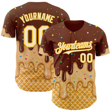 Custom Brown White-Gold Ice Cream Waffle Foodie Dessert Authentic Baseball Jersey