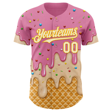 Custom Light Pink Cream-Gold Ice Cream Waffle Foodie Dessert Authentic Baseball Jersey