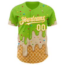 Laden Sie das Bild in den Galerie-Viewer, Custom Neon Green White-Gold Ice Cream Waffle Foodie Dessert Authentic Baseball Jersey
