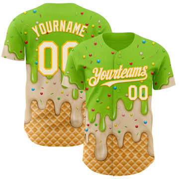 Custom Neon Green White-Gold Ice Cream Waffle Foodie Dessert Authentic Baseball Jersey