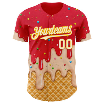 Custom Fire Red White-Gold Ice Cream Waffle Foodie Dessert Authentic Baseball Jersey