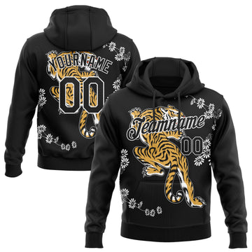 Custom Stitched Black White 3D Pattern Design Tiger And Daisy Sports Pullover Sweatshirt Hoodie