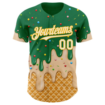 Custom Kelly Green Cream-Gold Ice Cream Waffle Foodie Dessert Authentic Baseball Jersey