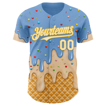 Custom Light Blue Cream-Gold Ice Cream Waffle Foodie Dessert Authentic Baseball Jersey