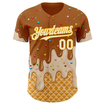 Custom Chocolate Brown Cream-Gold Ice Cream Waffle Foodie Dessert Authentic Baseball Jersey