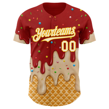 Custom Red Cream-Gold Ice Cream Waffle Foodie Dessert Authentic Baseball Jersey
