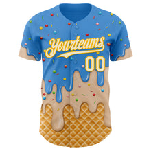 Load image into Gallery viewer, Custom Electric Blue Cream-Gold Ice Cream Waffle Foodie Dessert Authentic Baseball Jersey
