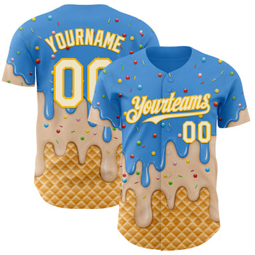 Custom Electric Blue Cream-Gold Ice Cream Waffle Foodie Dessert Authentic Baseball Jersey