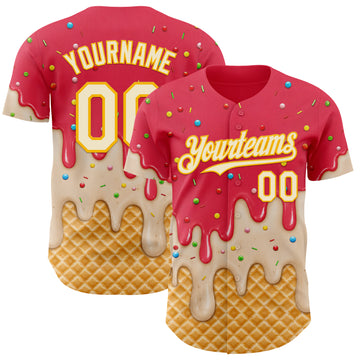Custom Coral Red Cream-Gold Ice Cream Waffle Foodie Dessert Authentic Baseball Jersey