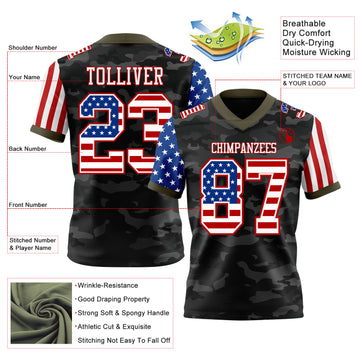 Custom Camo USA Flag White Red-Olive Authentic Stars And Stripes Two Tone Salute To Service 7V7 Flag Football Jersey
