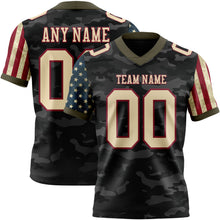Laden Sie das Bild in den Galerie-Viewer, Custom Camo Cream Crimson-Olive Authentic American Flag Stars And Stripes Two Tone Salute To Service 7V7 Flag Football Jersey
