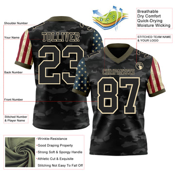 Custom Camo Black Cream-Olive Authentic American Flag Stars And Stripes Two Tone Salute To Service 7V7 Flag Football Jersey