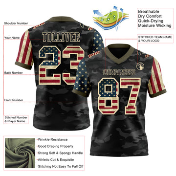 Custom Camo Vintage USA Flag Cream Black-Olive Authentic Stars And Stripes Two Tone Salute To Service 7V7 Flag Football Jersey